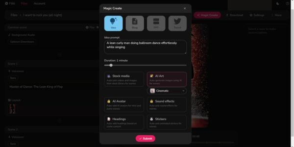 Fliki.ai blog-to-video editor displaying layout options and media library integration