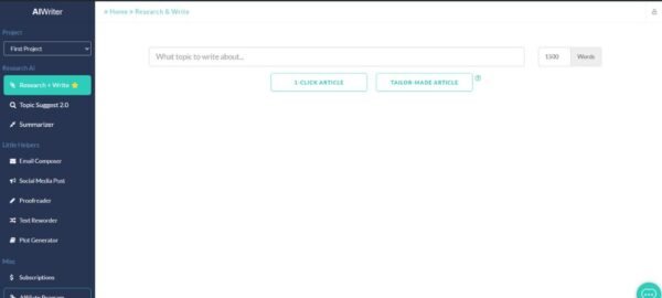 AI‑Writer.com sidebar navigation showing 'Subtopic Discoverer' and SEO Editor features