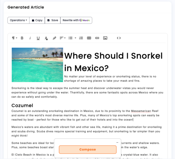 Article Forge demo page illustrating content generation options like images/videos embed, WordPress publishing and infinite article extension