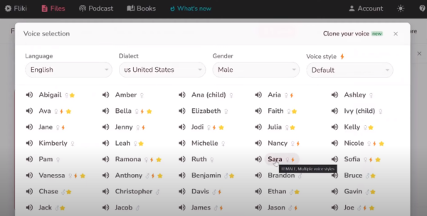 Fliki.ai voice selection modal showcasing multilingual AI voice options and dialect filters