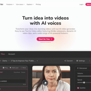 Fliki.ai interface showing text‑to‑video editor with script input, voice selection panel, and video preview