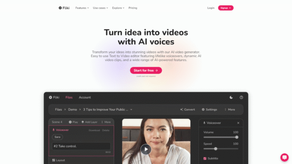 Fliki.ai interface showing text‑to‑video editor with script input, voice selection panel, and video preview