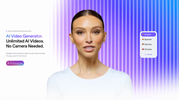 HeyGen AI Studio homepage showing realistic avatar interface and video script
