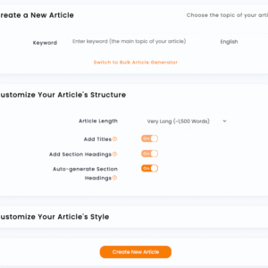 Article Forge dashboard showing keyword input field, article length selector and 'Create New Article' button in a clean interface
