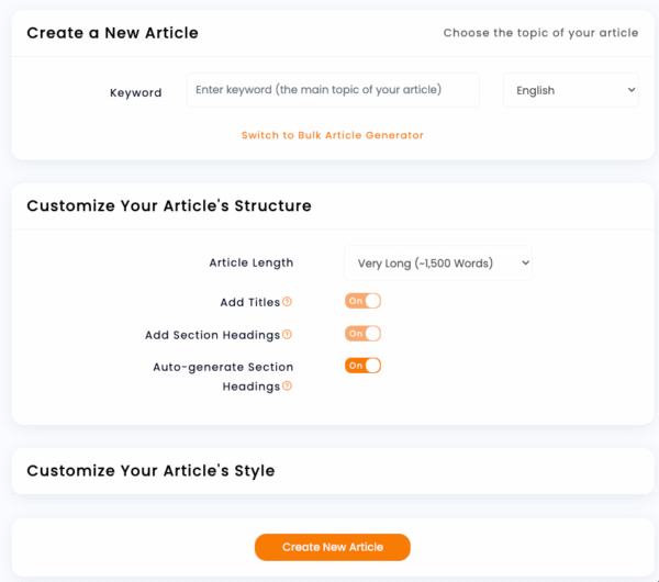 Article Forge dashboard showing keyword input field, article length selector and 'Create New Article' button in a clean interface