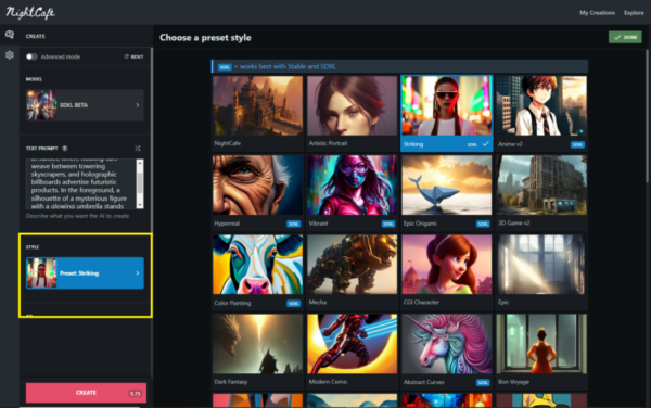 NightCafe prompt editor interface with text input, model selector, style dropdown and generate button