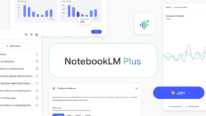 NotebookLM Plus view with subscription banner, usage limits, customization settings and analytics section in web interface