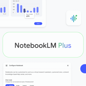 NotebookLM Plus view with subscription banner, usage limits, customization settings and analytics section in web interface