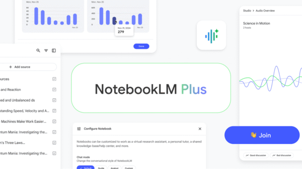 NotebookLM Plus view with subscription banner, usage limits, customization settings and analytics section in web interface