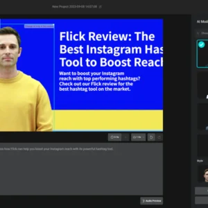 DeepBrain AI Studio interface with AI avatar and text-to-video script editor