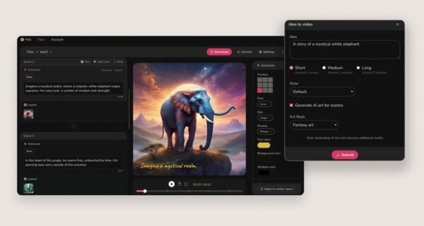 Fliki AI interface generating a fantasy video from text prompt ‘A story of a mystical white elephant’, showing AI-generated scene with narration and voiceover controls