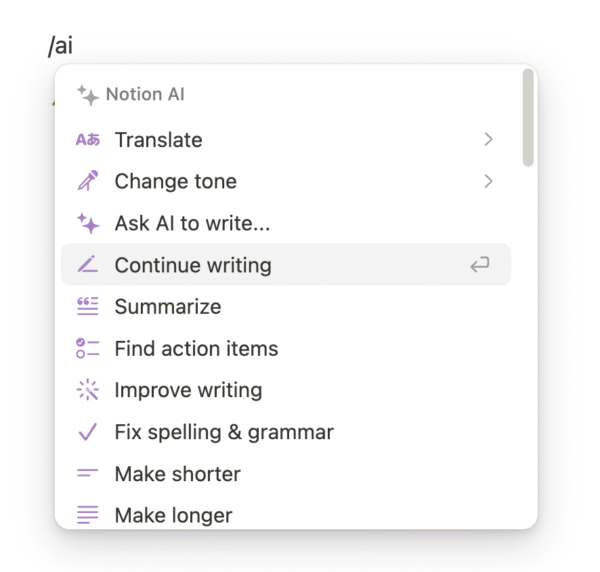 Notion slash command menu expanded showing ‘Ask AI’, ‘Summarize’, ‘Continue writing’, ‘Translate’ options on selected text block