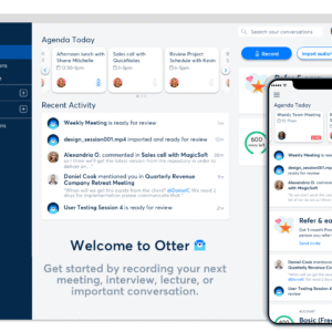 Otter.ai Home screen highlighting today's meeting agenda, activity feed, and transcripts ready for review on web app