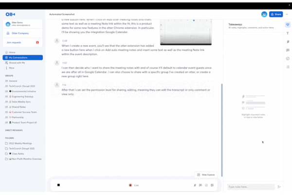 Otter.ai automated slide capture screenshot with slide thumbnails inserted inline in the transcript during live meeting
