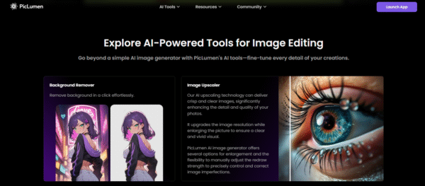 PicLumen AI image editing tools showcasing background remover with anime-style artwork and high-resolution image upscaler featuring a hyper-detailed human eye