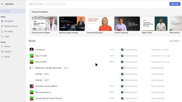 Synthesia AI dashboard showing text-to-video workflow with customizable avatars, templates, and multilingual voice-over options
