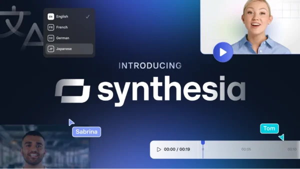 Synthesia features menu displaying avatars, translation, screen recorder, video editor, compliance icons
