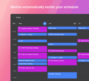 UseMotion web dashboard showing calendar view with color‑coded auto‑scheduled tasks and upcoming events in a clean interface.