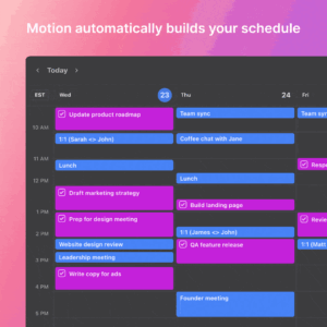 UseMotion web dashboard showing calendar view with color‑coded auto‑scheduled tasks and upcoming events in a clean interface.