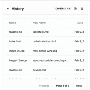 AI Renamer desktop app interface showing a list of files with AI-suggested new names in a clean, minimal UI.