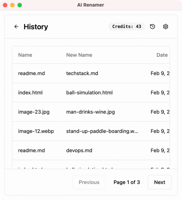 AI Renamer desktop app interface showing a list of files with AI-suggested new names in a clean, minimal UI.