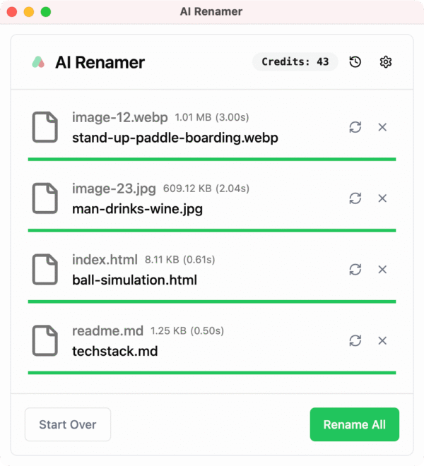 AI Renamer rename preview screen displaying green-highlighted renamed files after content analysis.