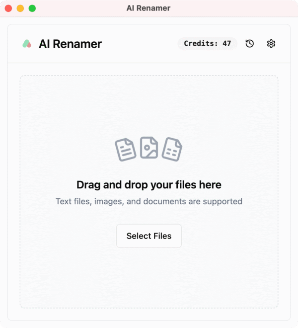 Airenamer’s empty drag-and-drop workspace area with guidance to drop files and initiate AI renaming.