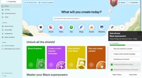 Blaze.ai content planner calendar with thumbnail preview cards for posts.