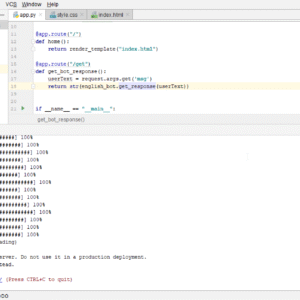 Terminal screenshot showing pip install ChatterBot and import of ChatterBot library in Python code.
