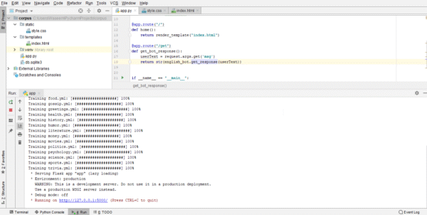 Terminal screenshot showing pip install ChatterBot and import of ChatterBot library in Python code.