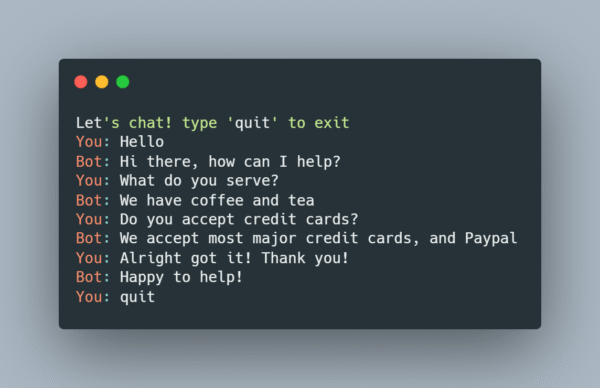 Compact command-line chatbot interface with alternating user prompts and bot replies using ChatterBot patterns.