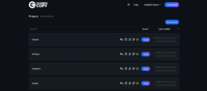 ClosersCopy dashboard listing multiple AI frameworks and templates in a dark-mode interface
