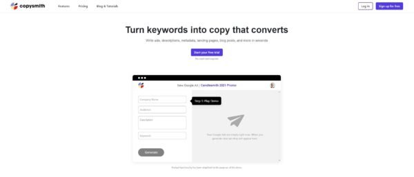 Copysmith Chrome extension overlay composing copy in a web editor window.