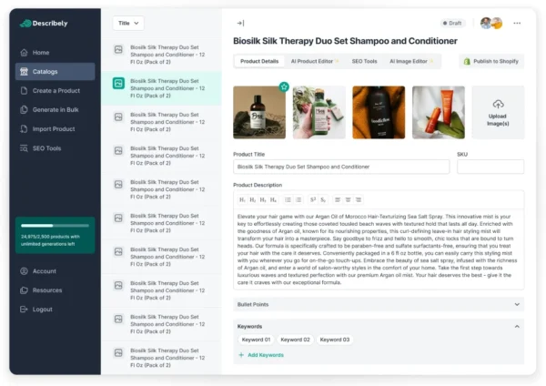 Copysmith Describely module generating product descriptions in bulk with e-commerce integration