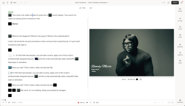 Descript Drive view showing project folders and AI speaker options in desktop app