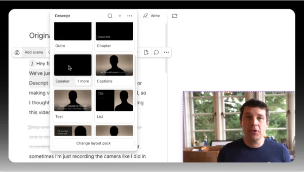 Descript editor showcasing smart layout templates and scene transitions for B-roll