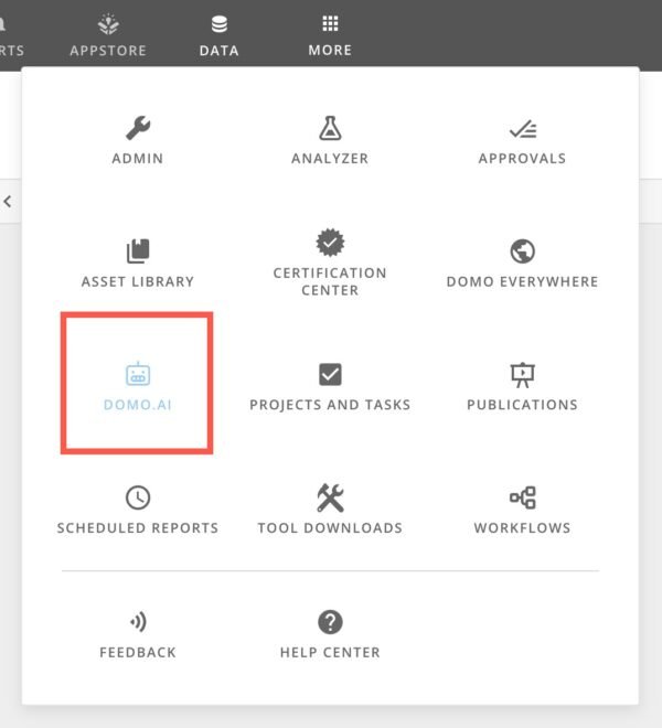 Domo data connector interface showing AWS, Snowflake, Azure, Salesforce integration options