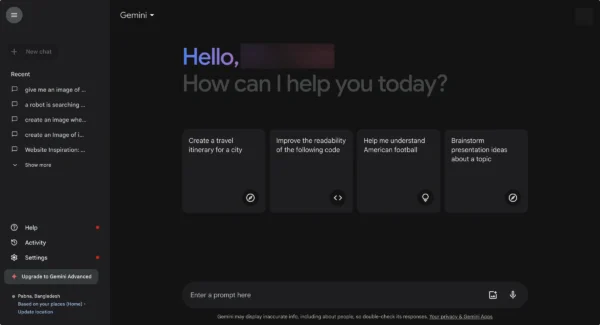Gemini home screen showing default sample questions above the prompt box and options like ‘New Chat’ on a dark background.”
