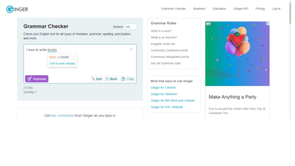 Ginger web navigation page explaining grammar checking, translation, rephrasing, and personal writing coach features.
