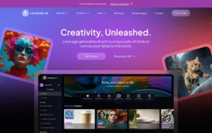 Leonardo.AI homepage featuring creative AI gallery thumbnails and interface overview