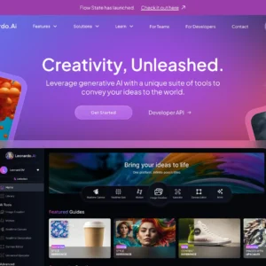 Leonardo.AI homepage featuring creative AI gallery thumbnails and interface overview