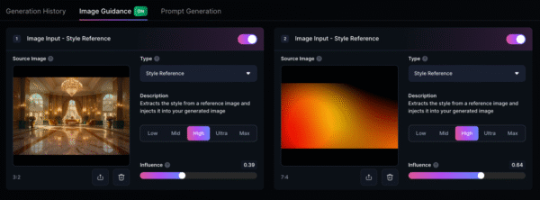 Leonardo.AI interface showing image-to-image editing controls and preview slider