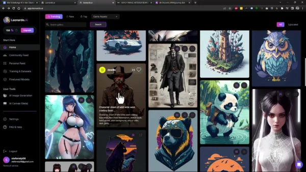 Community gallery in Leonardo.AI displaying user-generated concept art and prompt details