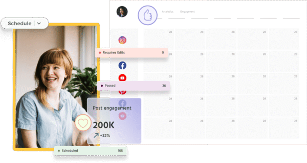 Loomly post creation screen with visual editor and content preview for social platforms