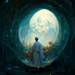 Midjourney AI-generated surreal fantasy landscape with mountains and glowing sky, created from text prompt