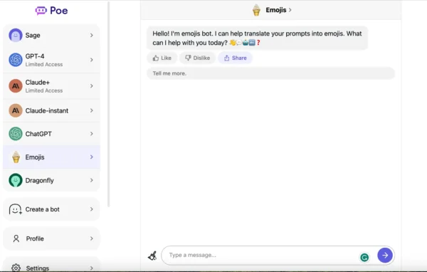 Sidebar with available bots – Lists AI models like Sage, Claude, GPT, and user-created bots.
