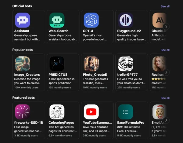 Bot gallery / community bots listing – Displays curated and community-designed bots within Poe.