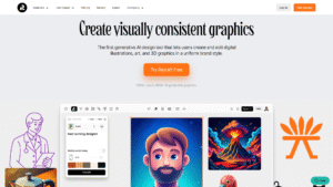 Recraft AI workspace displaying multiple AI-generated illustrations including a bearded man, volcano, flamingo, and household items.