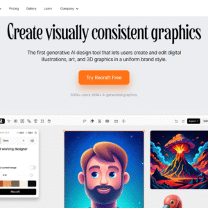Recraft AI workspace displaying multiple AI-generated illustrations including a bearded man, volcano, flamingo, and household items.