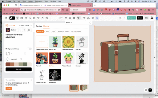 Recraft AI vector editor screen showing a travel suitcase design with cartoon style and editable brand style options.